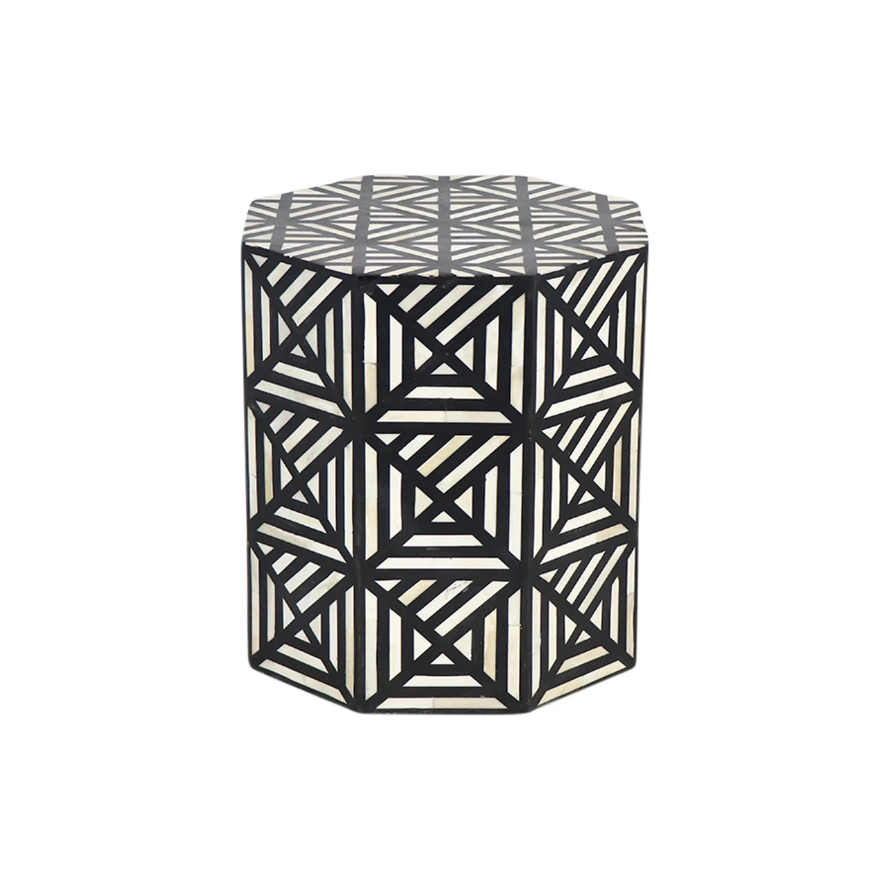 Geometric Bone Inlaid Drum Side Table - Image 3